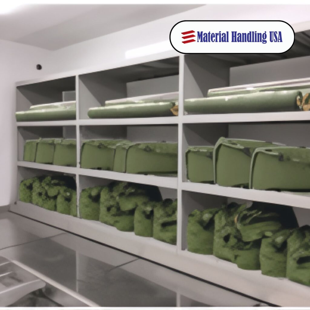Shelves filled with green rolls of material and other folded fabrics line the storage room, efficiently organized on Aurora Shelving. A logo in the top right corner reads Material Handling USA.