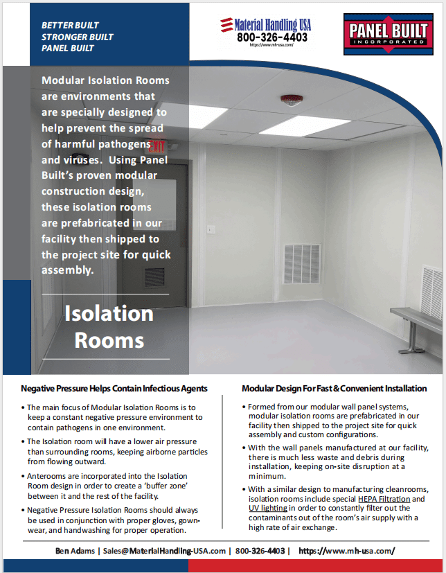 A brochure for Panel Built, Inc. showcases modular isolation rooms, emphasizing benefits like negative pressure for infection control and a cost-effective design. Explore our material handling solutions in the literature gallery. Contact info and website are included at the bottom.