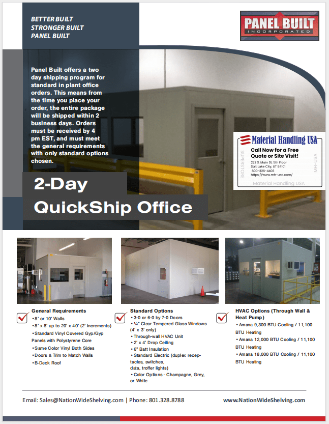 Discover our Material Handling Literature Gallery at the 2-Day QuickShip Office event. Explore prefab office units, general and standard requirements, HVAC options, and contact details. Featuring logos from Panel Built and Material Handling USA for easy recognition.