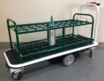 The green grid frame of the Electro Kinetic Technologies Pony Express Motorized Medical Cylinder Cart, designed for 40 cylinders, features coated racks and wheels for mobility, emphasizing its innovative design.