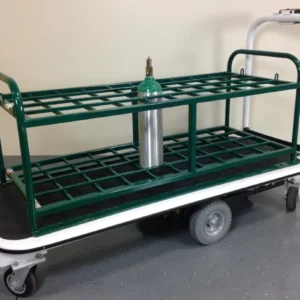 The green grid frame of the Electro Kinetic Technologies Pony Express Motorized Medical Cylinder Cart, designed for 40 cylinders, features coated racks and wheels for mobility, emphasizing its innovative design.