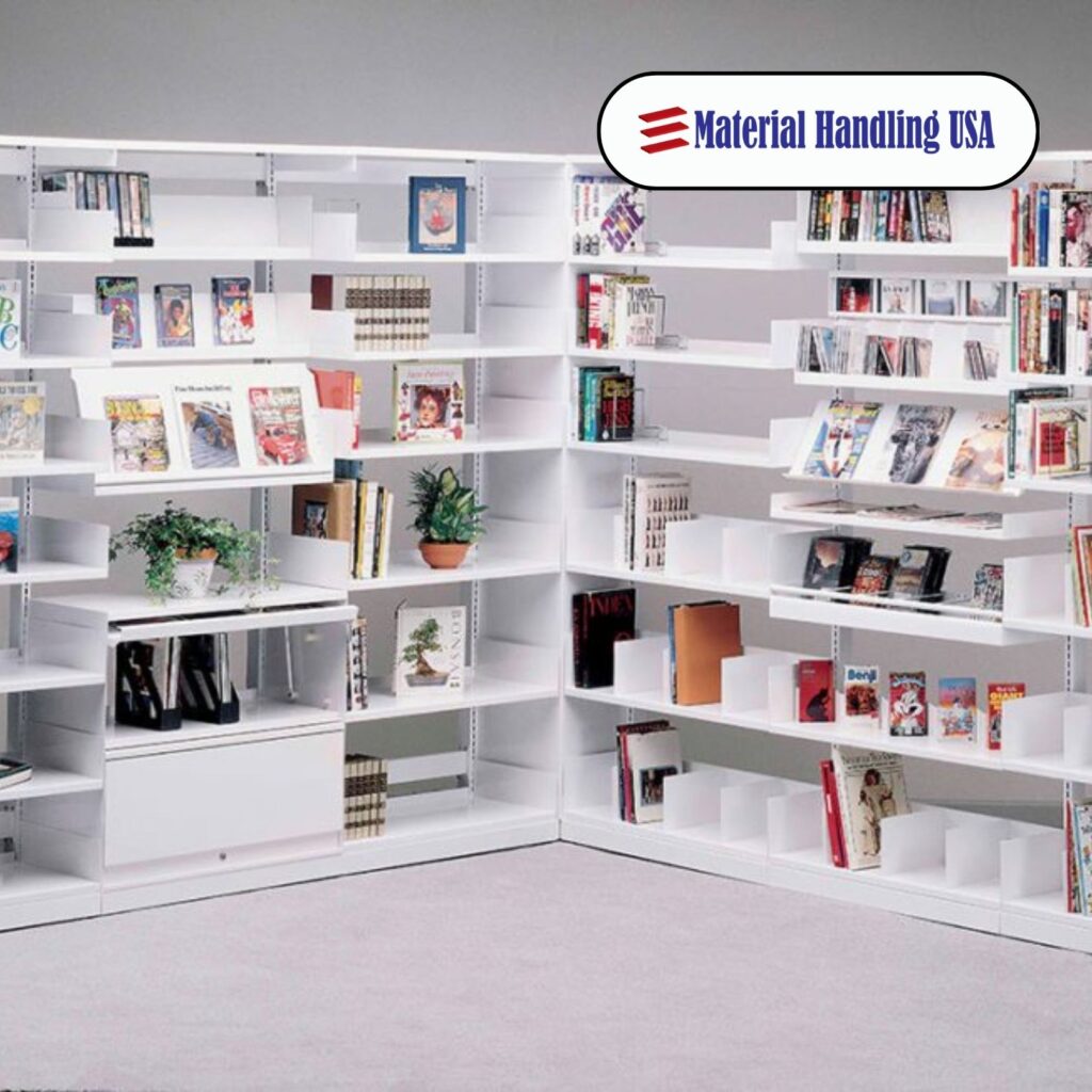 An Aurora Shelving unit, arranged in an L-shape and filled with books, DVDs, and decorative items, graces the room. The gray-carpeted floor complements its sleek design. A Material Handling USA logo is visible in the upper right corner.