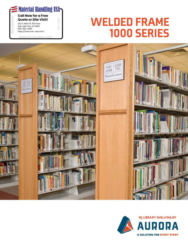 A library aisle showcases shelves brimming with books. A wooden signpost at the forefront reads Nonfiction alongside Dewey Decimal numbers. Subtle branding for Material Handling USA and Aurora Library Shelving is visible, reminiscent of illustrations in shelving brochures.