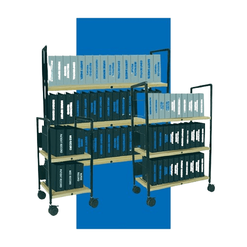 A collection of three wheeled shelves, part of a medical record shelving solution, holds rows of dark and light-colored binders labeled PROC 2000. The shelves vary in height, and the binders are neatly organized against a blue rectangle background.