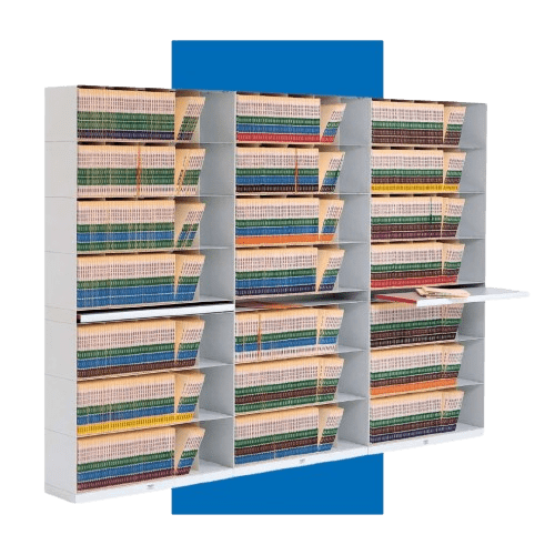 A library filing cabinet with six shelves offers vibrant, organized folders and files. One shelf is pulled out to reveal even more inside. The top of the cabinet is blue, perfect for secure medical filing cabinets or hospital record management systems.