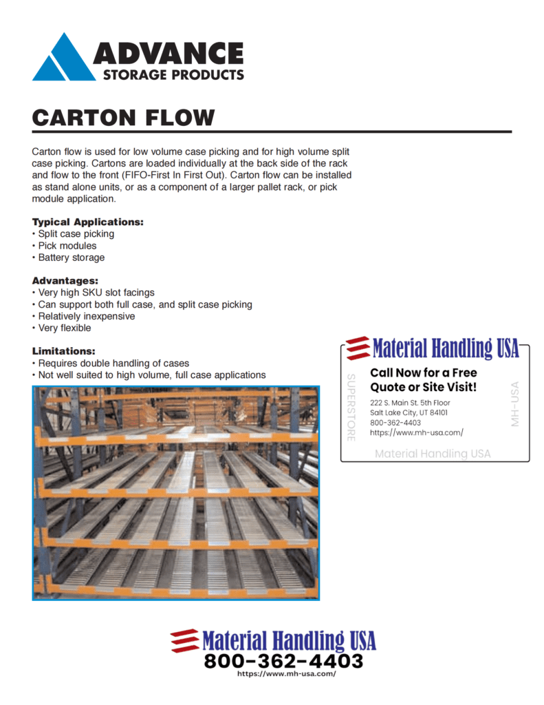 Discover the innovative carton flow storage by Advance Storage Products, showcased in our Material Handling Literature Gallery. Featuring metal shelving, this system excels with split case picking, high SKU slots, and unmatched flexibility. Contact Material Handling USA for more details.