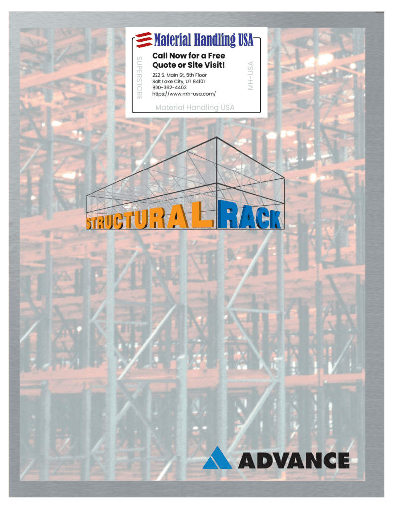 Poster for Structural Rack by Material Handling USA. Features a logo with a warehouse outline over racks, set against orange warehouse racking. At the top, find contact info for Material Handling USA. The Advance logo graces the bottom, adding to this visual in our Material Handling Literature Gallery.