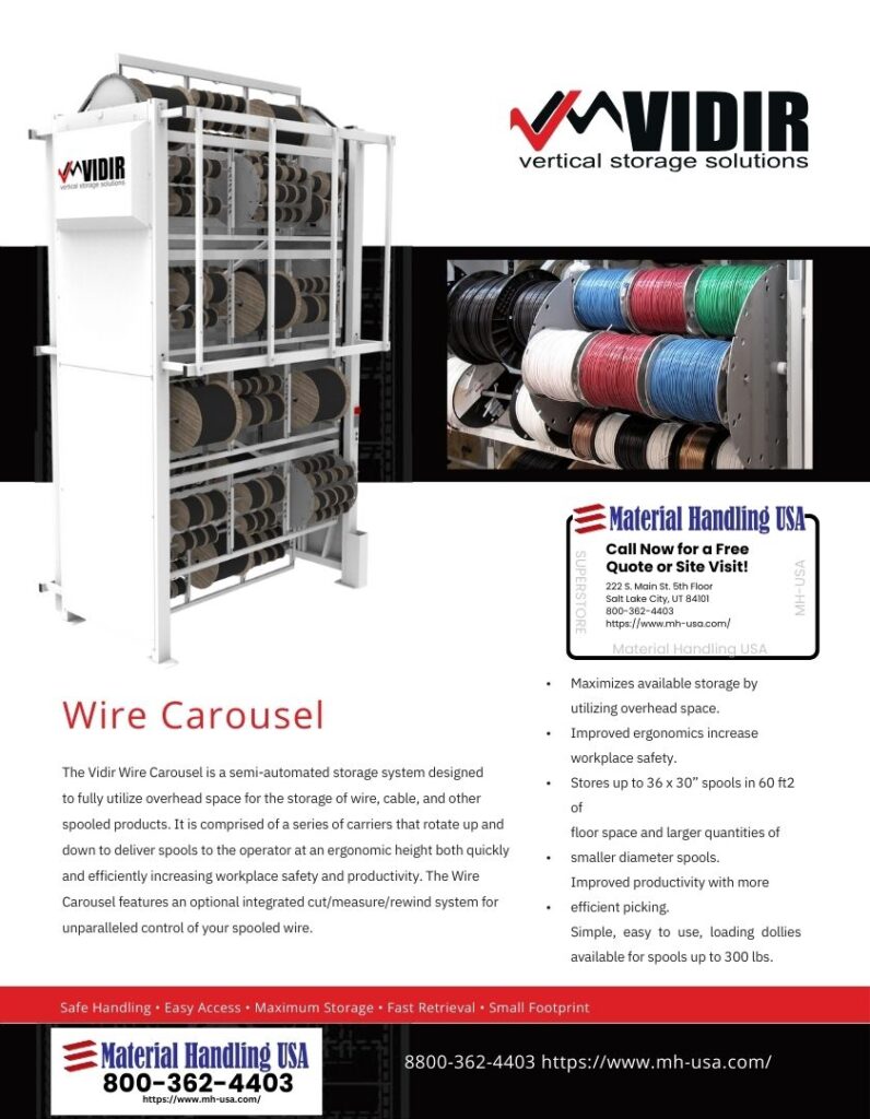 Flyer for the Vidir Wire Carousel, a vertical material handling solution. Showcases images of the carousel storing spools, with a contact info box, features list, and company details at the bottom. The literature presents a striking red, white, and black color scheme.