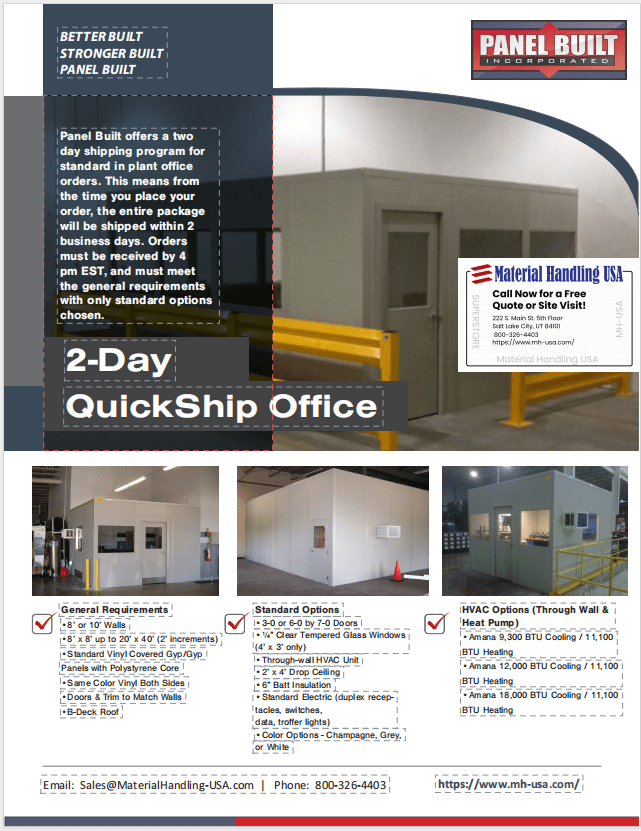 Flyer for Panel Builts 2-Day QuickShip Office program, featuring images of prefabricated office structures. Explore our HVAC options and standard colors in the Material Handling Literature Gallery. Pricing details included. Contact information provided at the bottom.