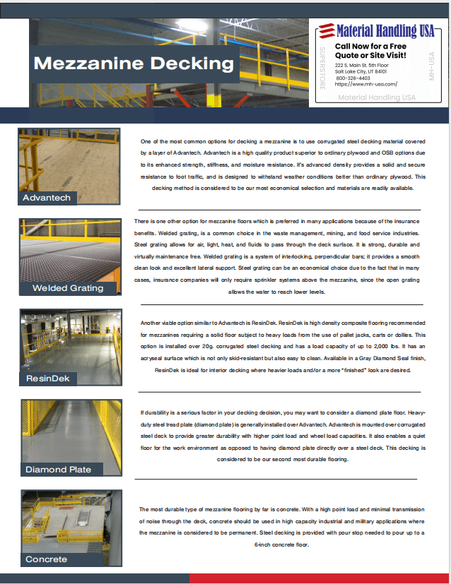 Infographic titled Mezzanine Decking from the Material Handling Literature Gallery, featuring sections on Advantech, Welded Grating, ResinDek, Diamond Plate, and Concrete. It showcases images of decking types, material descriptions, and a contact section for Material Handling USA.
