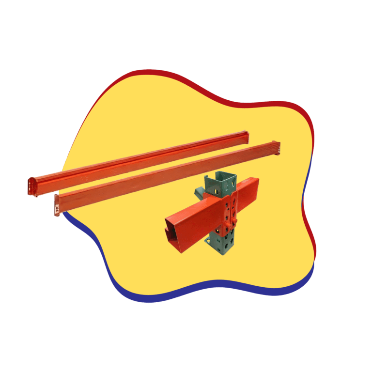 Illustration of construction components, featuring red pallet rack beams and a green metal bracket, set against a yellow abstract shape with a striking red and blue border.