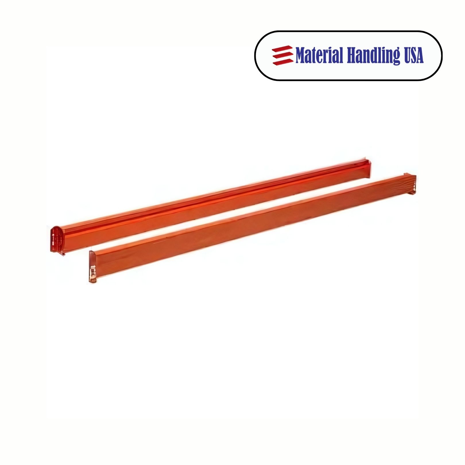 Two orange pallet rack beams are positioned parallel to each other against a white background. The logo in the top right corner reads Material Handling USA with a stylized red and blue design.