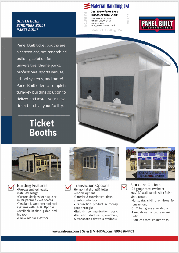 Discover our Panel Built ticket booths through vibrant product images and detailed insights into building features, transaction options, and standard choices. Visit our Material Handling Literature Gallery for more information or contact Material Handling USA today!.