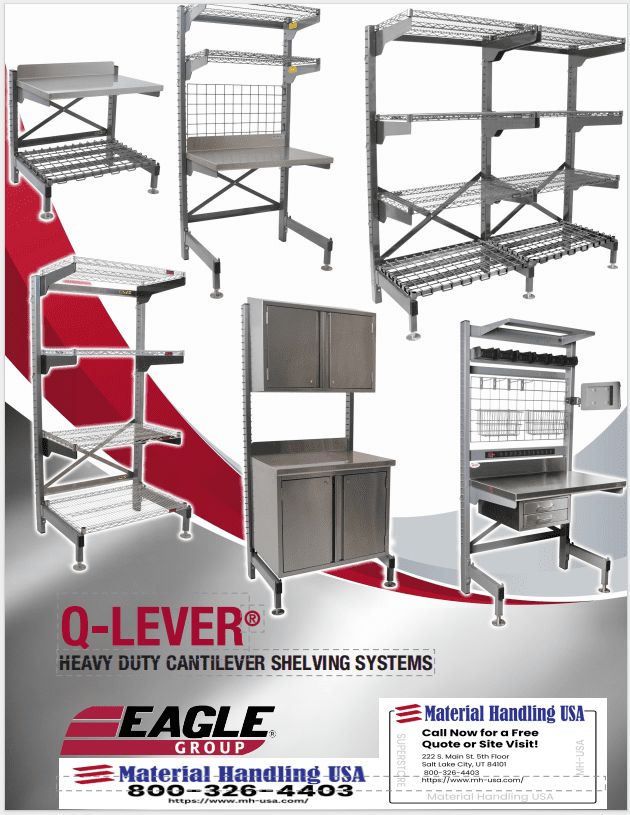 Explore Eagle Groups Q-Lever heavy-duty cantilever shelving systems in our Material Handling Literature Gallery. The image highlights versatile shelving configurations with adjustable shelves for optimal storage. Contact Material Handling USA for more information.