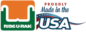Logo featuring a green and orange Ridg-U-Rak emblem on the left and Proudly Made in the USA text on the right. The phrase Made in the USA is bold, with a blue swoosh and white stars beneath it, reflecting our Pallet Rack Beams strength and reliability.