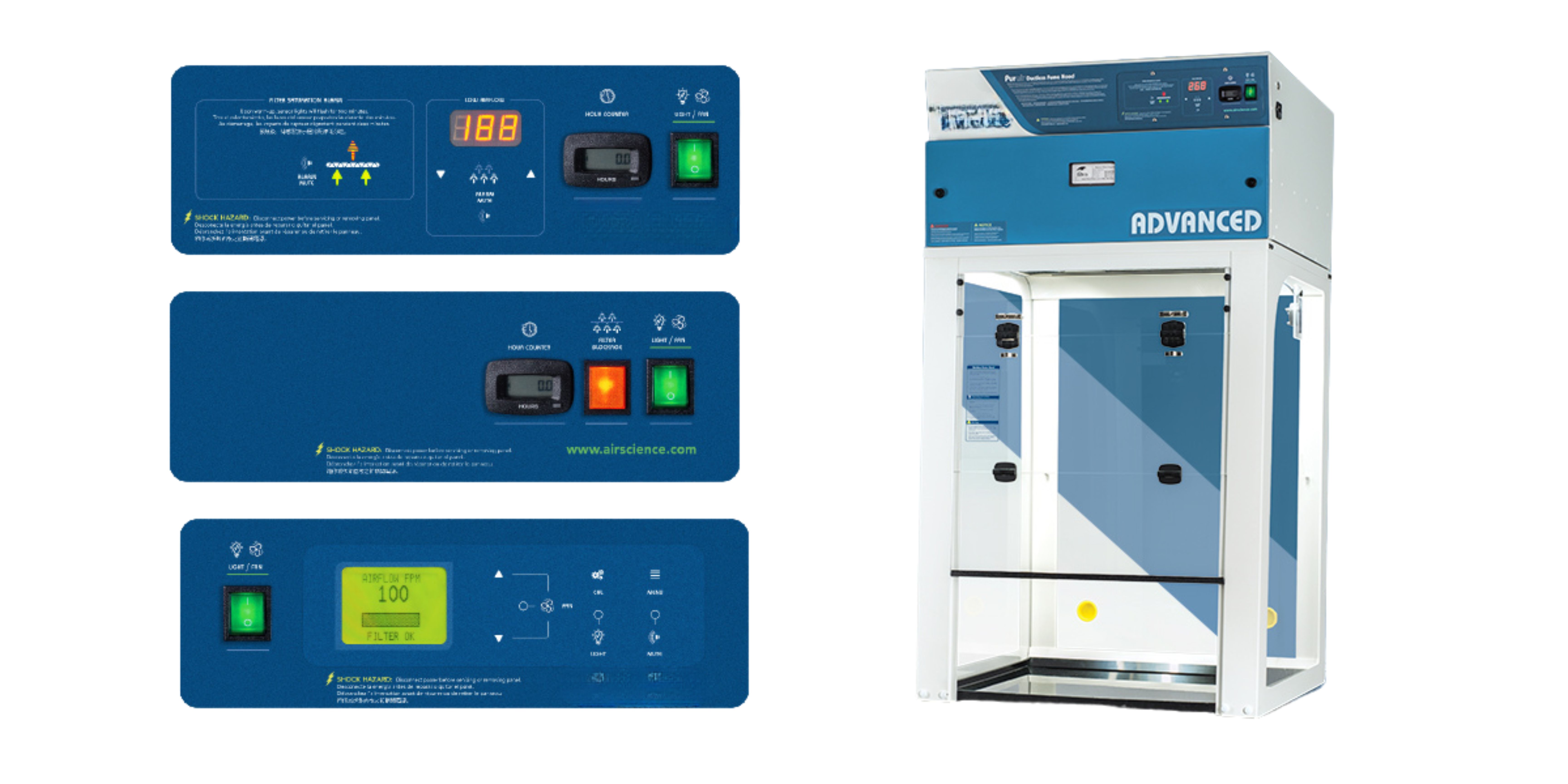 Chemical fume hood with its digital airflow control panel and monitor detail