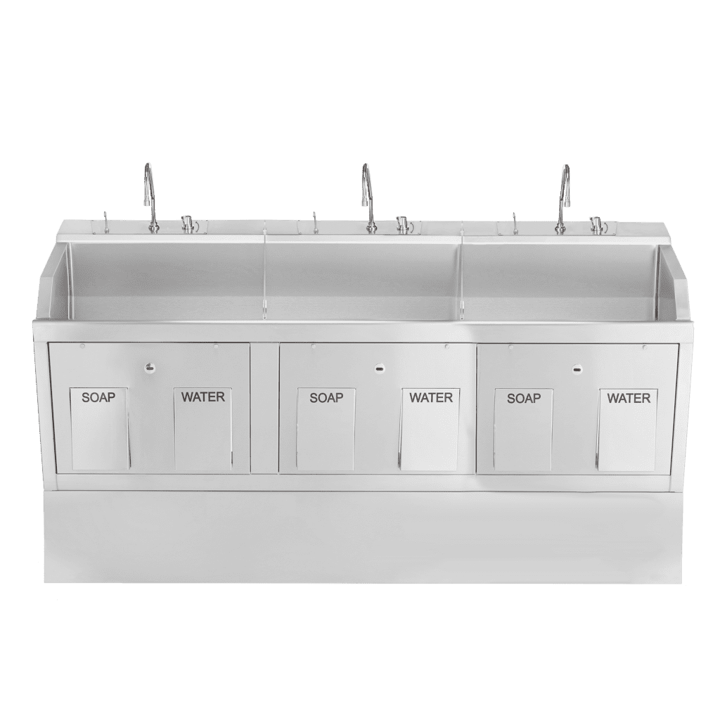 A large stainless steel commercial sink by Blickman features three basins, each with its own faucet. Below the basins, youll find labeled compartments for soap and water.