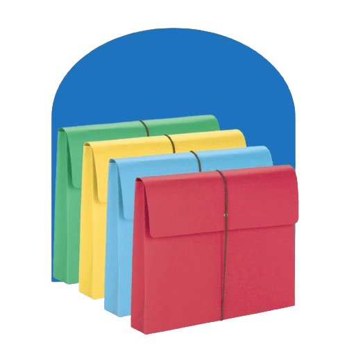 Discover Smeads top tab folders, a bright office organization solution. Four vibrant accordion folders in red, blue, yellow, and green stand upright with a blue arch behind them. Each folder is secured with an elastic band for added convenience.