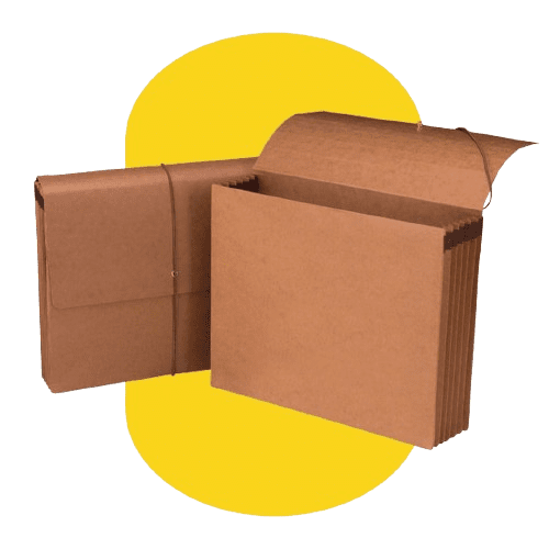 Brown Smead File Folders, one open and one closed, rest on a yellow background. Ideal for Office Organization Solutions, these folders feature expanding sections for document storage and are fastened with elastic bands for durable filing solutions.