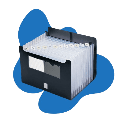 Smeads black accordion file folder offers durable filing solutions with multiple labeled tabs for efficient organization. Featuring a clear front pocket and dark flap cover, it stands out elegantly against a blue abstract background.