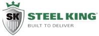 A logo showcasing a silver shield adorned with a crown and the initials SK, alongside STEEL KING in green, proudly stands above the tagline BUILT TO DELIVER. This emblem conveys strength, much like robust pallet rack beams designed for reliability.