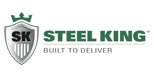 Steel King logo showcasing a silver shield with SK in bold black letters and a small crown above. To the right, the text STEEL KING in large letters with BUILT TO DELIVER beneath, emphasizing their expertise in warehouse rack accessories and heavy-duty wire decking solutions.