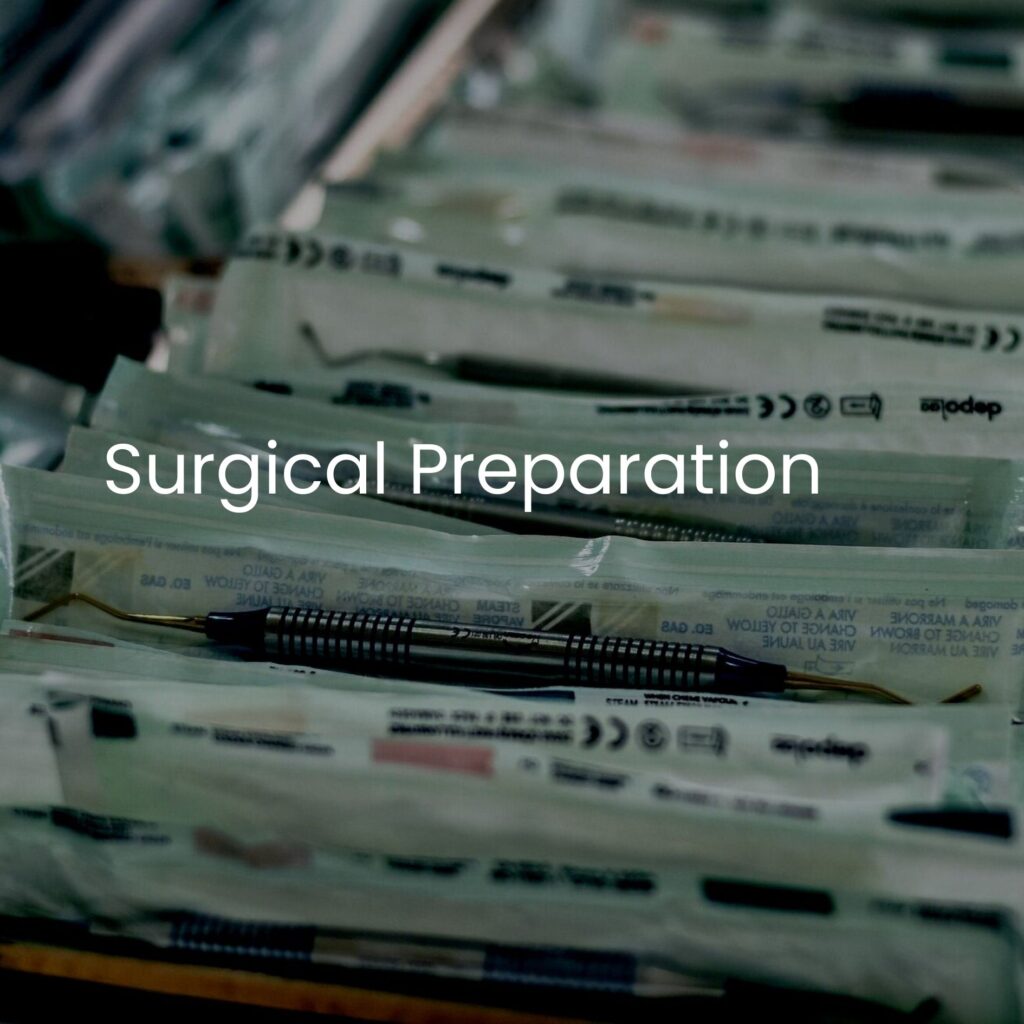 Stacks of packaged surgical instruments in green sterile wraps are arranged in a row, with the name Blickman subtly integrated into the text Surgical Preparation, overlaid on the image.