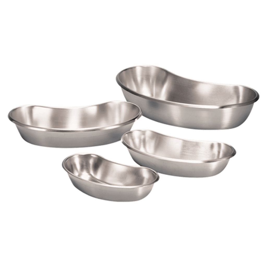 Four stainless steel kidney dishes of varying sizes, crafted by Blickman, are arranged together. Each features a curved, concave shape with smooth, shiny surfaces, ideal for holding instruments or waste in medical settings.