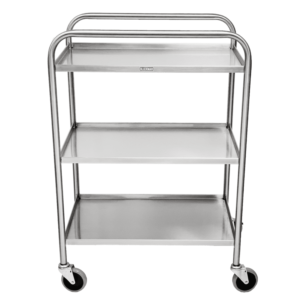 The Blickman stainless steel utility cart features three rectangular shelves and four wheels. Its simple, functional design includes tubular handles on both sides and a smooth, shiny surface—perfect for any professional setting.