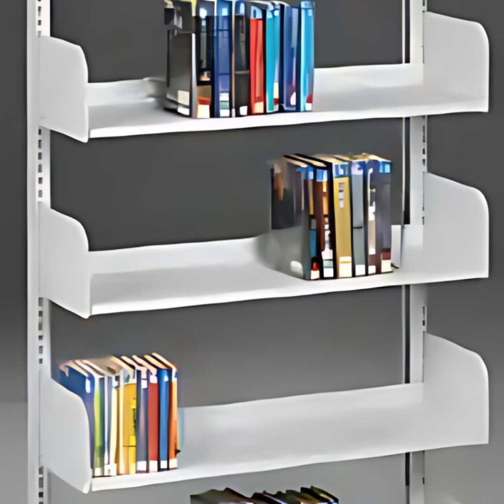 Discover the ultimate shelving makeover with this white, multi-tiered bookshelf. Books of various colors and sizes adorn its four shelves, though more populate the top two tiers, creating a unique display against a sleek gray backdrop.
