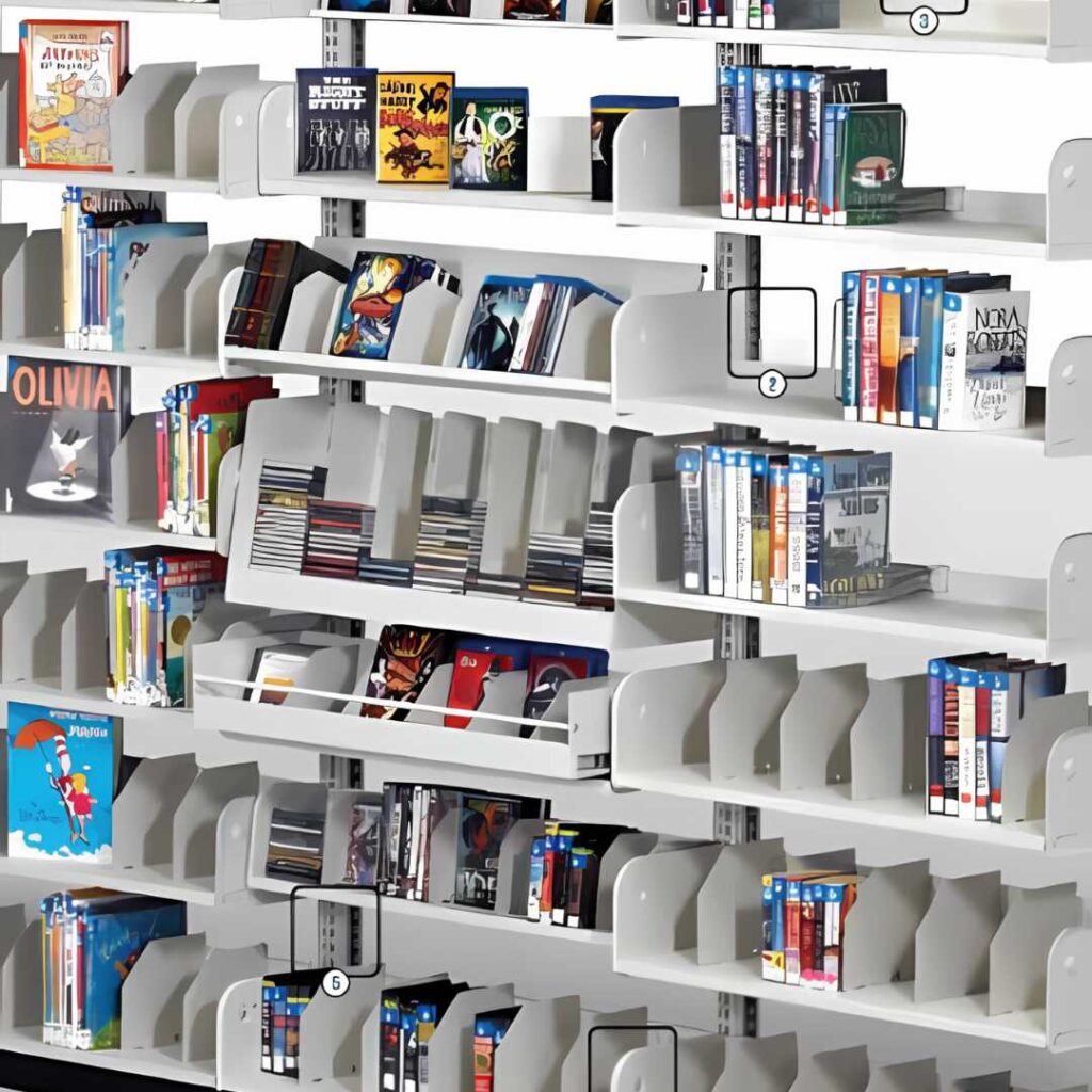 Shelves transformed by the Ultimate Shelving Makeover are filled with various DVDs and Blu-rays. Colorful covers with images and text catch the eye, while a somewhat organized arrangement leaves just a few gaps. The white shelf units boast dividers for a neat, stylish look.