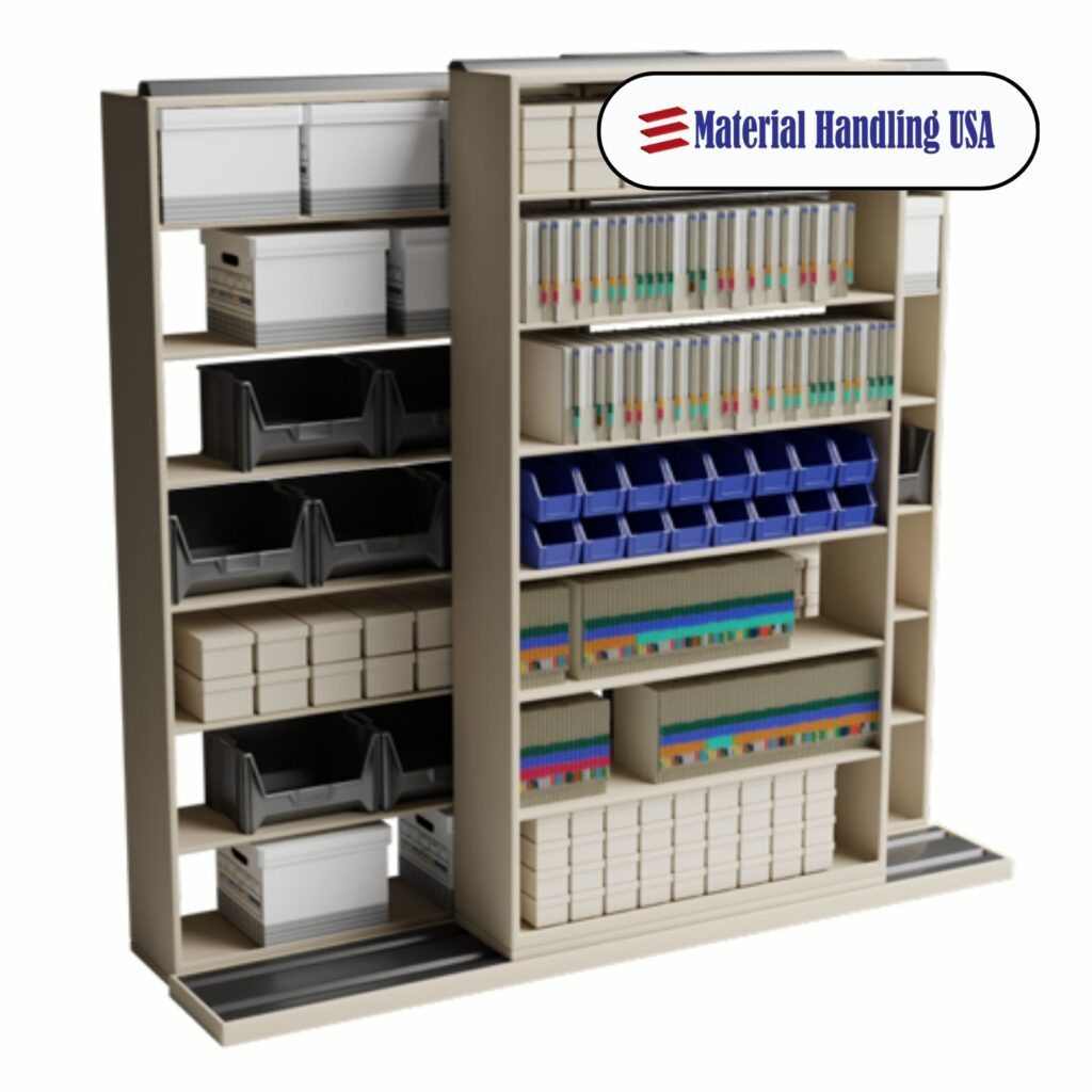 The storage shelves, featuring Aurora Shelving systems, are filled with various containers, folders, and bins organized by size and color. A Material Handling USA logo is prominently displayed in the upper right corner.