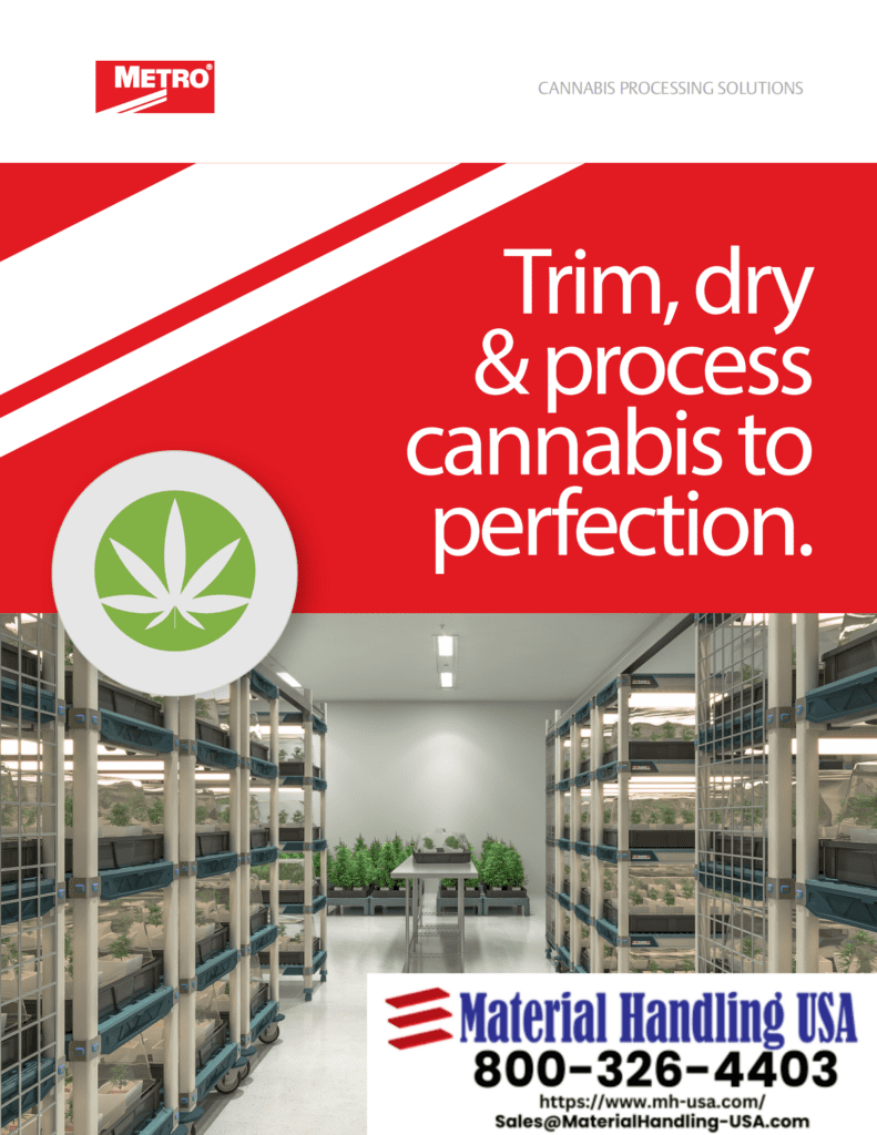 A promotional image showcases shelves brimming with cannabis plants, styled like an exquisite gallery. The text reads, Trim, dry & process cannabis to perfection. The company name and contact information are elegantly placed at the bottom.