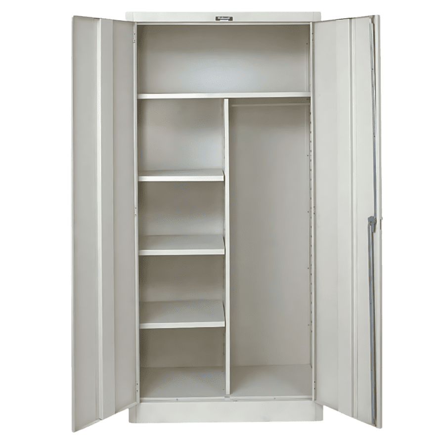 Open Hallowell MedSafe combination cabinet with a shelf side and a wardrobe side