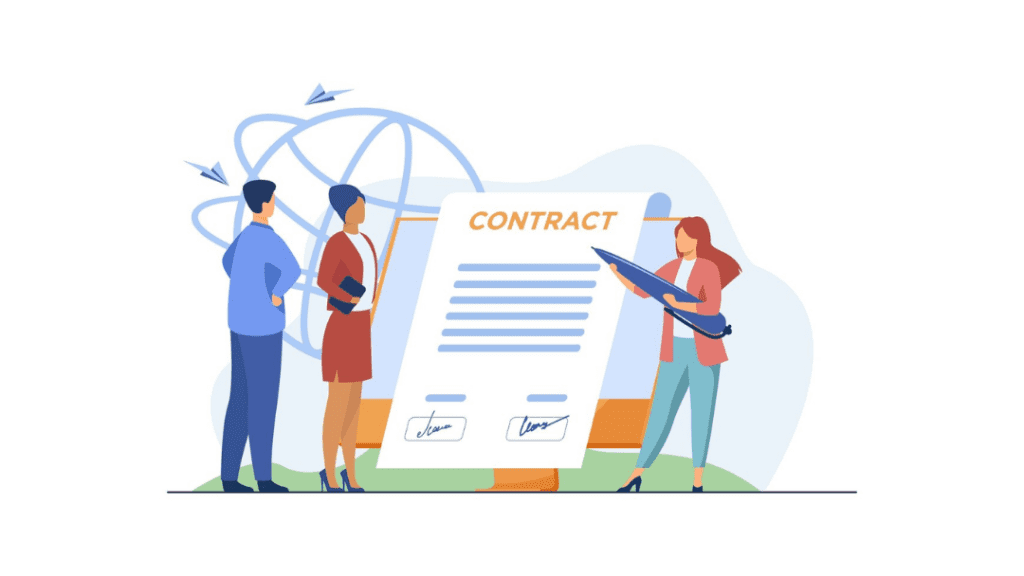 Illustration of three people standing near a large ISDA contract document, featuring a man in a blue suit, a woman in a red dress, and another woman holding a giant pen. Paper airplanes and a globe symbol add intrigue to the background.