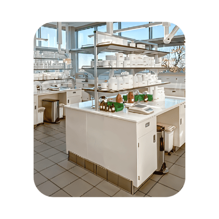 A modern laboratory with white countertops and mobile high-density shelving, holding various containers and equipment. Large windows allow natural light to flood the space. The tiled floor enhances the clean, organized appearance of this efficient lab.