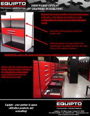 Promotional image for Equipto showcasing red and black shelving units with drawers, perfect for efficient material handling. Text highlights new shelf options with 4-inch drawers. Company logos and taglines featured in this literature gallery piece.