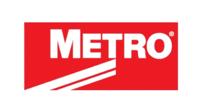 Logo of METRO in bold white letters on a red rectangular background, featuring two sleek diagonal lines reminiscent of stainless steel gowning benches extending from the bottom left corner.