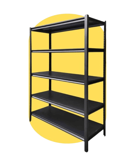 A black metal shelving unit with five shelves is showcased against a yellow background. Made of sturdy steel, the evenly spaced shelves boast a minimalist and functional design, perfect for any space.