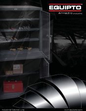 A metal storage cabinet with open doors showcases shelves brimming with various tools and equipment. The dark gray finish complements the red toolbox on the bottom shelf, while the EQUIPTO brand stands out at the top right, offering a glimpse into material handling excellence.