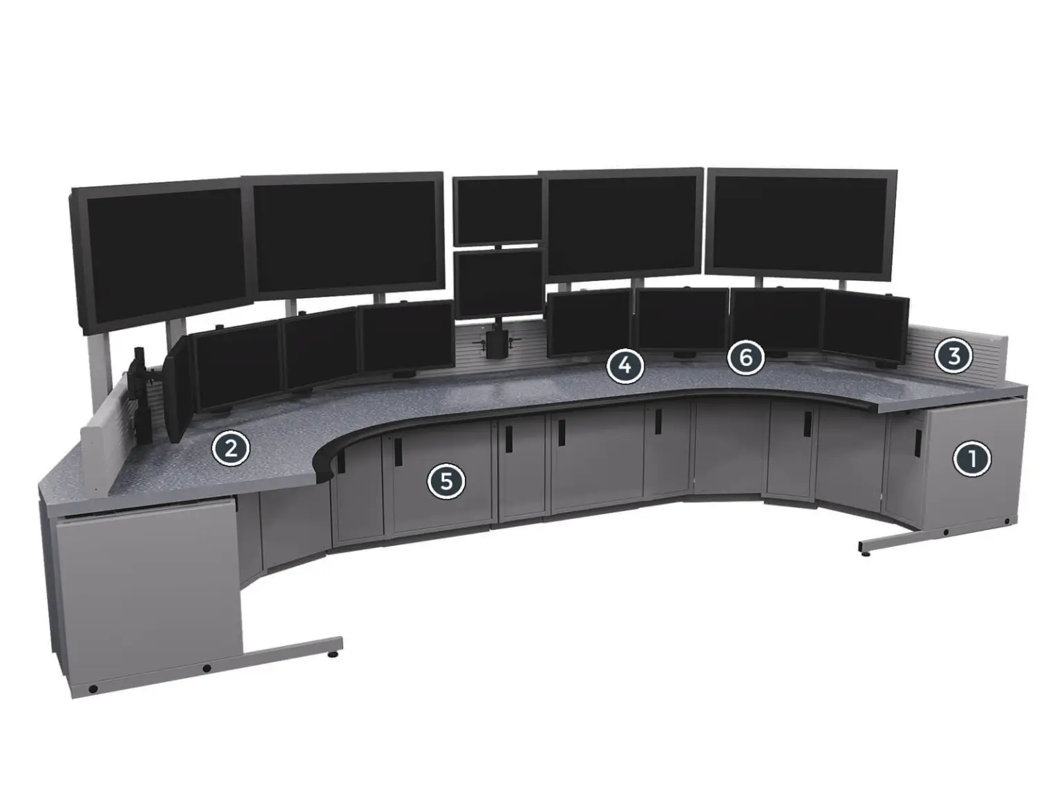 A curved multi-monitor desk setup, crafted by e-systems group, features six numbered screens each angled uniquely. This design includes storage cabinets below, perfect for control rooms or complex monitoring environments.
