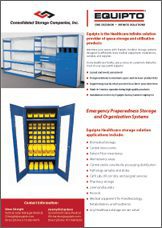 Promotional flyer for EQUIPTO storage systems by Consolidated Storage Companies, Inc., showcasing shelving and emergency preparedness solutions. Explore our Material Handling Literature Gallery, featuring a blue storage unit with supplies and detailed product information.