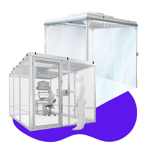 In an ISO Clean Room, a person in a protective suit sits at a desk inside a transparent, enclosed space. Another suited individual stands outside near a large, elevated structure. The scene is set against a backdrop of purple abstract shapes.