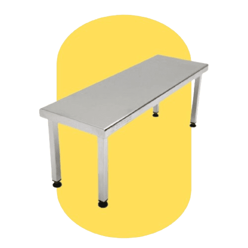 A rectangular gray metal table with four legs and black feet stands against a yellow oval background, embodying clean room design principles.