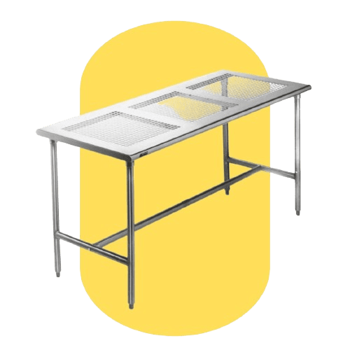 A sleek, stainless steel table with a mesh surface and sturdy legs stands elegantly against a yellow oval background, embodying modern design while meeting clean room standards.