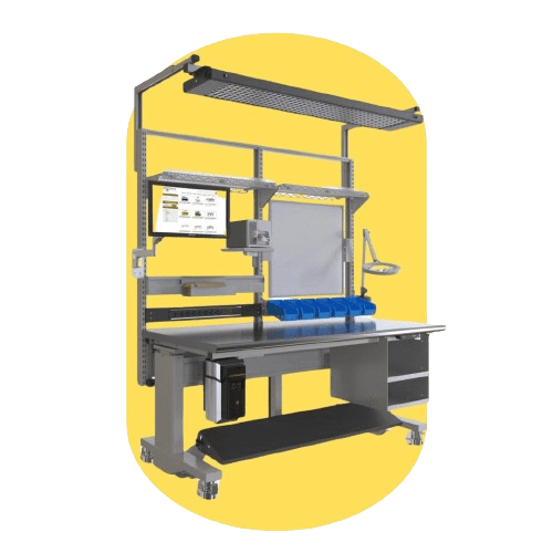 A modular workstation on a yellow background, featuring a monitor, lamp, shelves, bins, and pegboard. This desk is designed with storage and organizational tools that adhere to clean room standards for optimizing workflow and space efficiency.