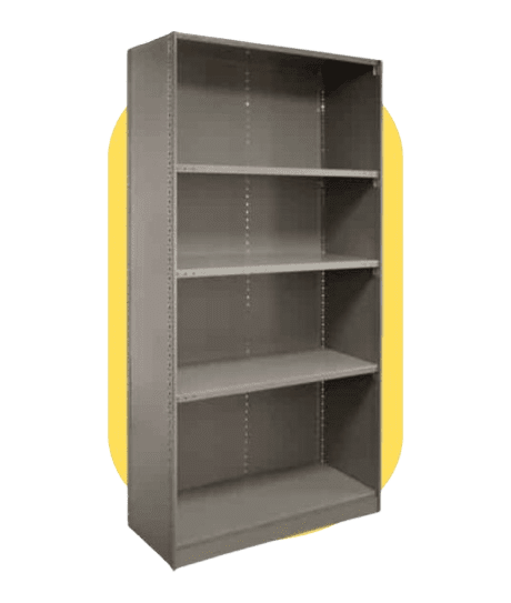 A gray heavy-duty steel bookshelf with four adjustable shelves is set against a yellow background.