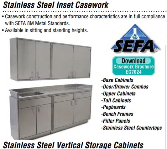 Image showcasing stainless steel inset casework and vertical storage cabinets compliant with SEFA 8M standards. Includes base, door/drawer, upper, tall, pegboard, bench frames, countertops, and customizable lab workstations. Features a download button for the casework brochure.