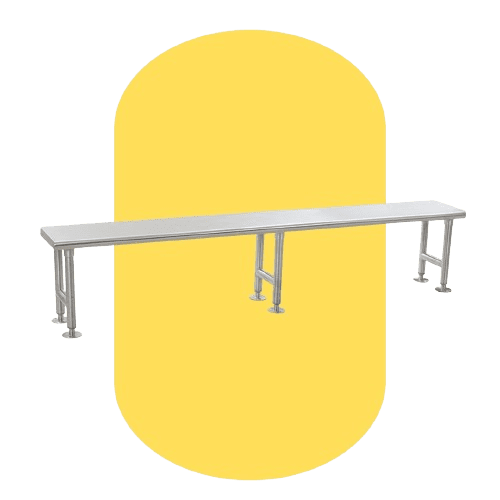 A long, narrow silver bench with a perforated top and multiple supports sits against a yellow, oval-shaped background. This Eagle Clean Room Gowning Bench features a minimalist design aimed at ensuring cleanroom contamination control. Positioned centrally, it exudes both style and function.