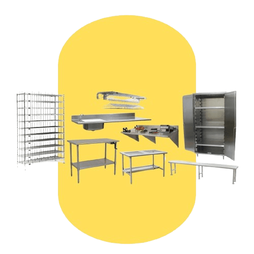 A collage of stainless steel kitchen equipment, often used in clean room products and life science products, stands out against a yellow background. This includes shelves, tables, a sink unit, a cabinet, and hanging racks.